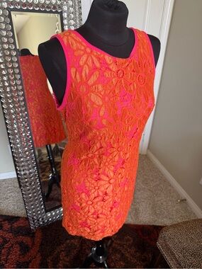 karin stevens Pink and Orange Floral Lace Sleeveless Sheath Dress